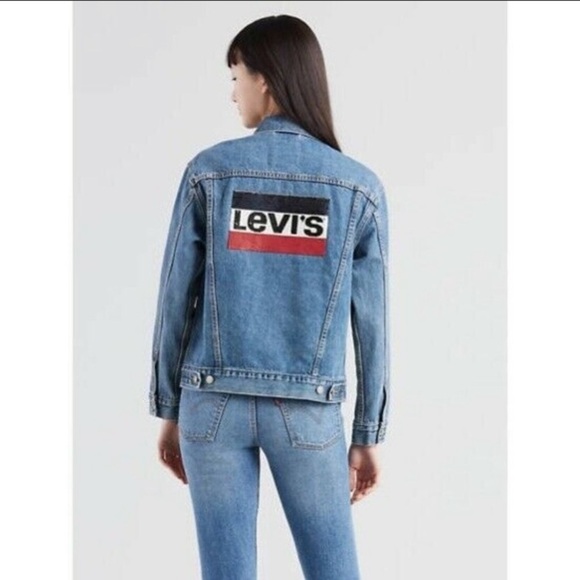 Levi's Original Sequin Trucker Jean Jacket Denim Blue Red Size Small - Picture 3 of 16